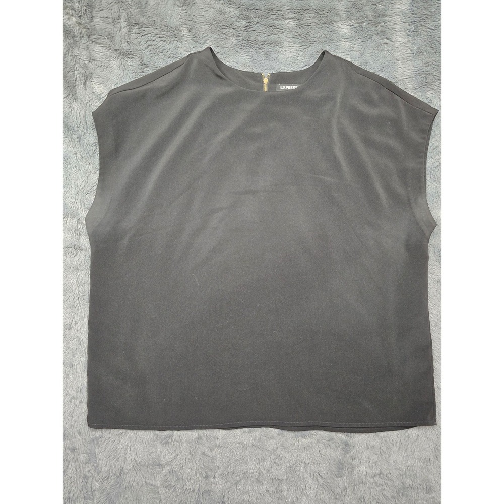 Express Womens Black Short Sleeve Boxy Blouse Gold Back Zip Top Large